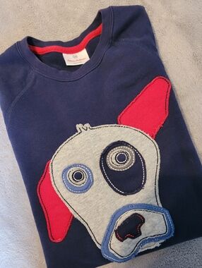 Hanna Anderson Kids Blue Dog Sweatshirt Size 14/16 EUC Elbow Patch Cute Colorful